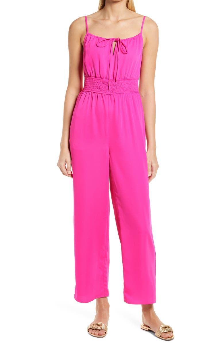 Adelyn Rae Daisy Smocked Straight Leg Jumpsuit, Main, color, Fuchsia