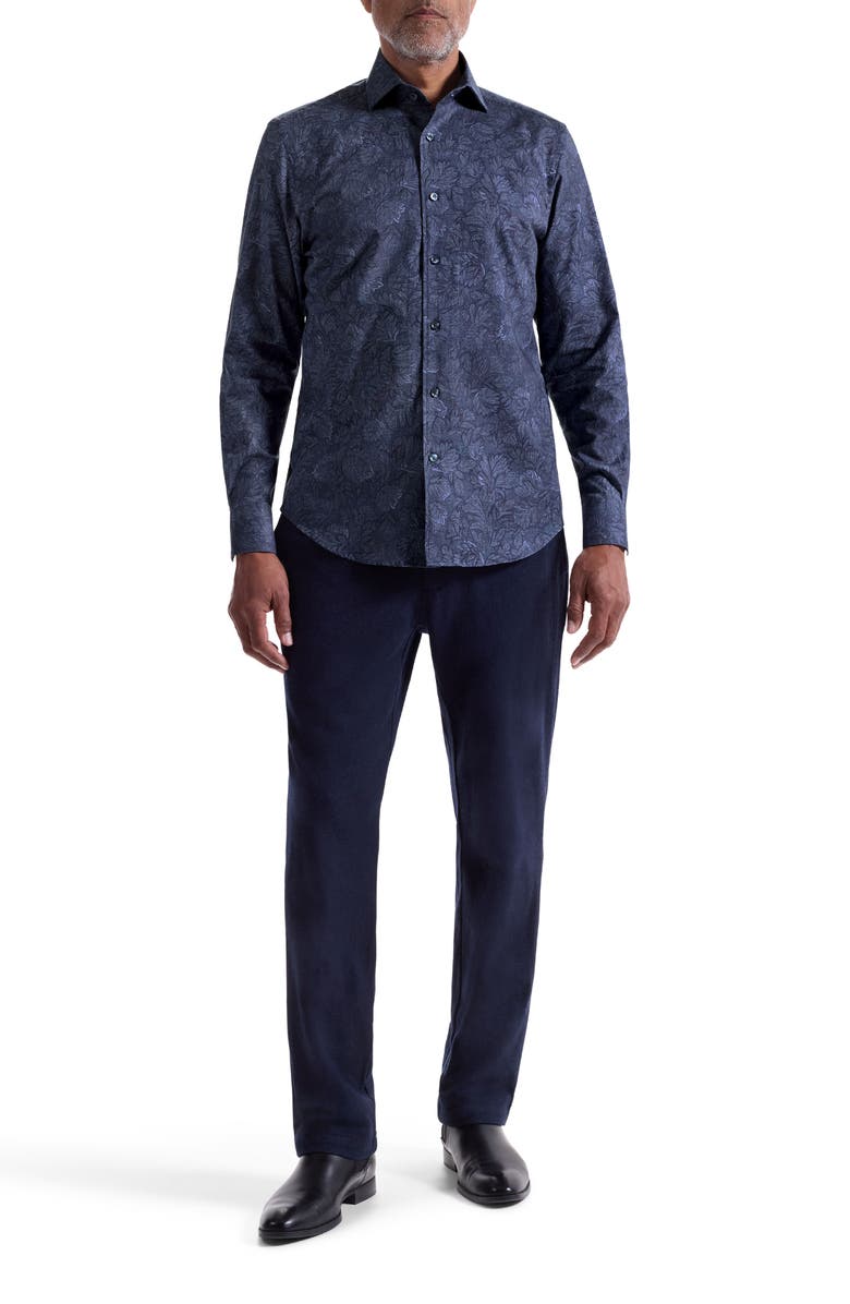 Bugatchi Alvin Shaped Fit Leaf Print Button-Up Shirt, Alternate, color, Night Blue
