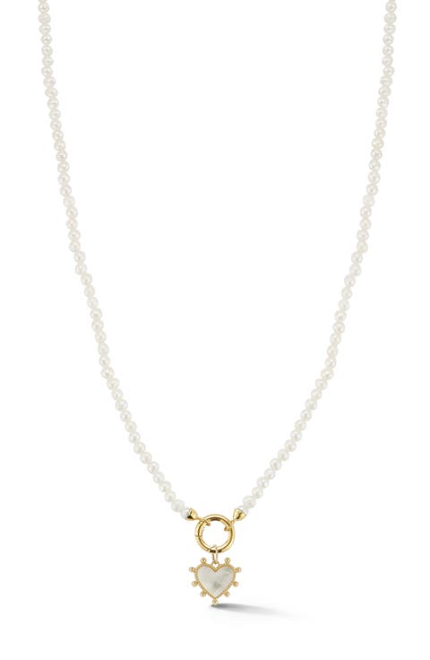 14K Yellow Gold Mother-of-Pearl Heart Charm Beaded Necklace