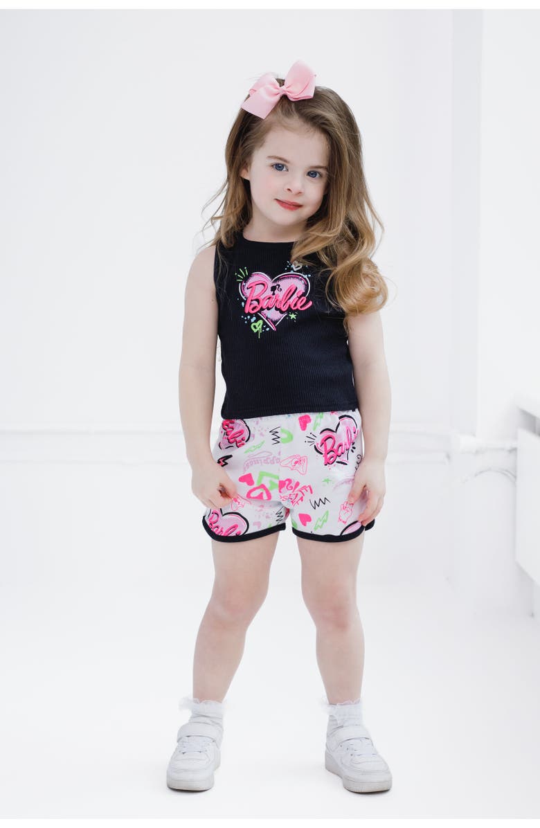 Barbie Girls' 2-Piece Sleeveless Tank Top and Shorts Set, Alternate, color, Black Neon Pink