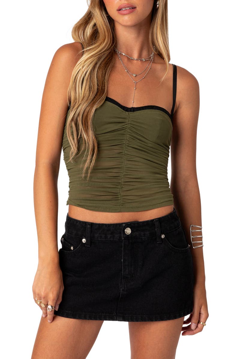 EDIKTED Moira Ruched Mesh Bra Top, Main, color, Olive