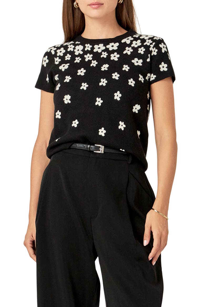 Intarsia Daisy Knit Top, Main, color, BLACK/ WHITE