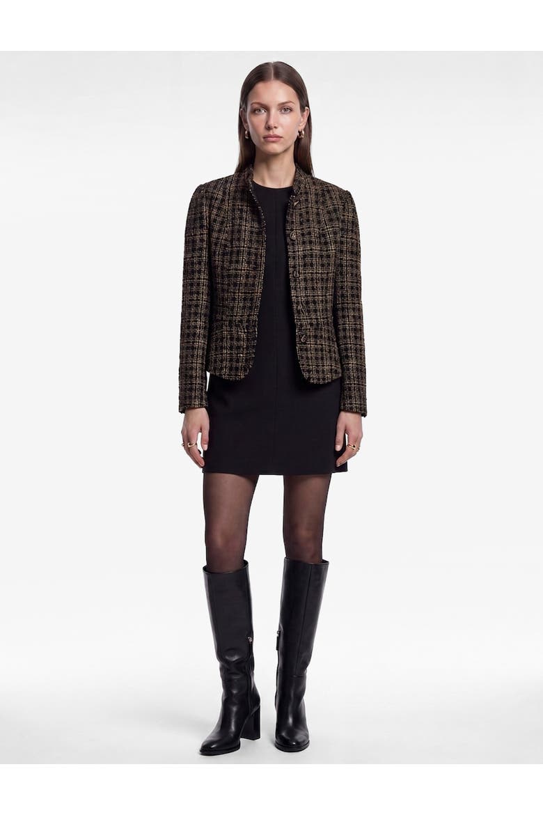 Mandarin Collar Long Sleeve Plaid Tweed Jacket, Main, color, BROWN CHECK