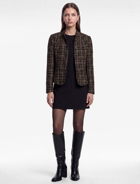 Mandarin Collar Long Sleeve Plaid Tweed Jacket