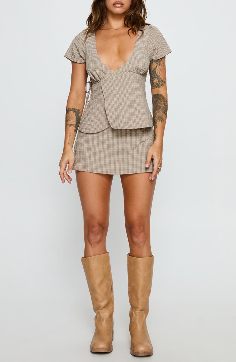 Princess Polly Emmilou Check Cotton Wrap Top & Micro Miniskort Set, Main, color, Brown Check