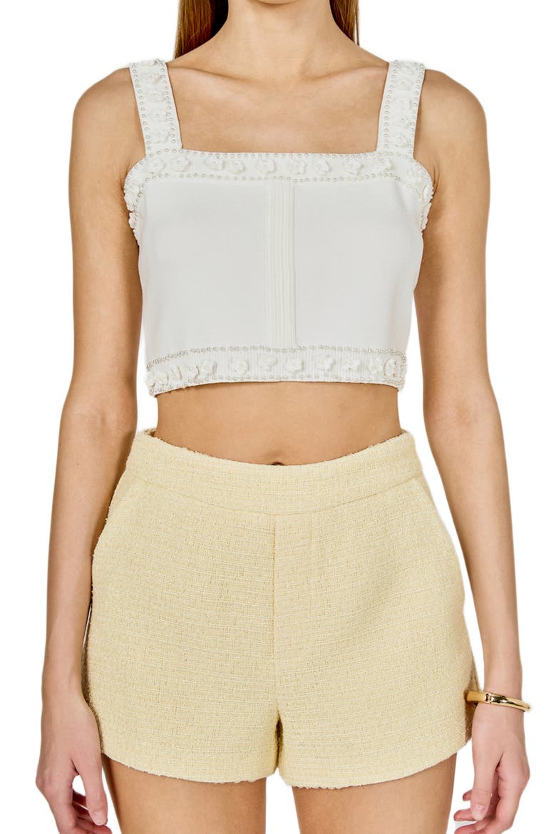 Floral Appliqué & Faux Pearl Crop Top, Alternate, color, OFF WHITE