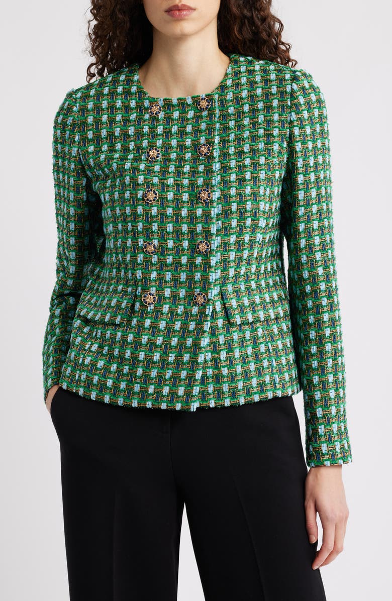 Elie Tahari The Eleni Double Breasted Tweed Blazer, Main, color,