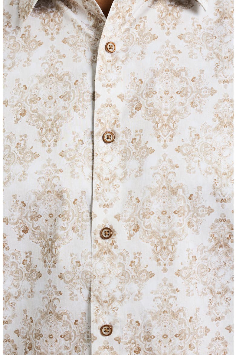 Delancey Damask Print Stretch Cotton Button-Up Shirt, Alternate, color, KHAKI