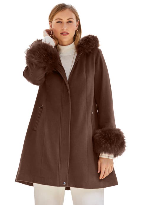 Hooded Faux Fur Trim Coat (Plus)