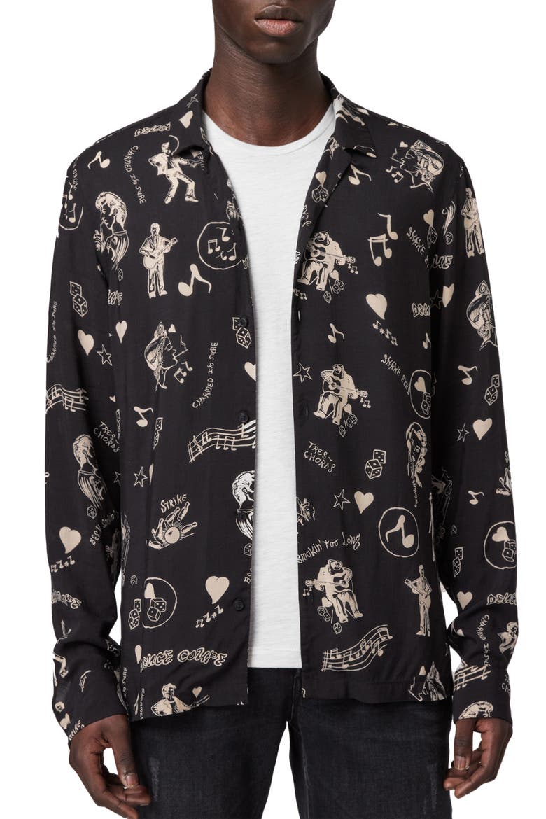 Tres Chordos Slim Fit Print Button-Up Shirt, Main, color, JET BLACK