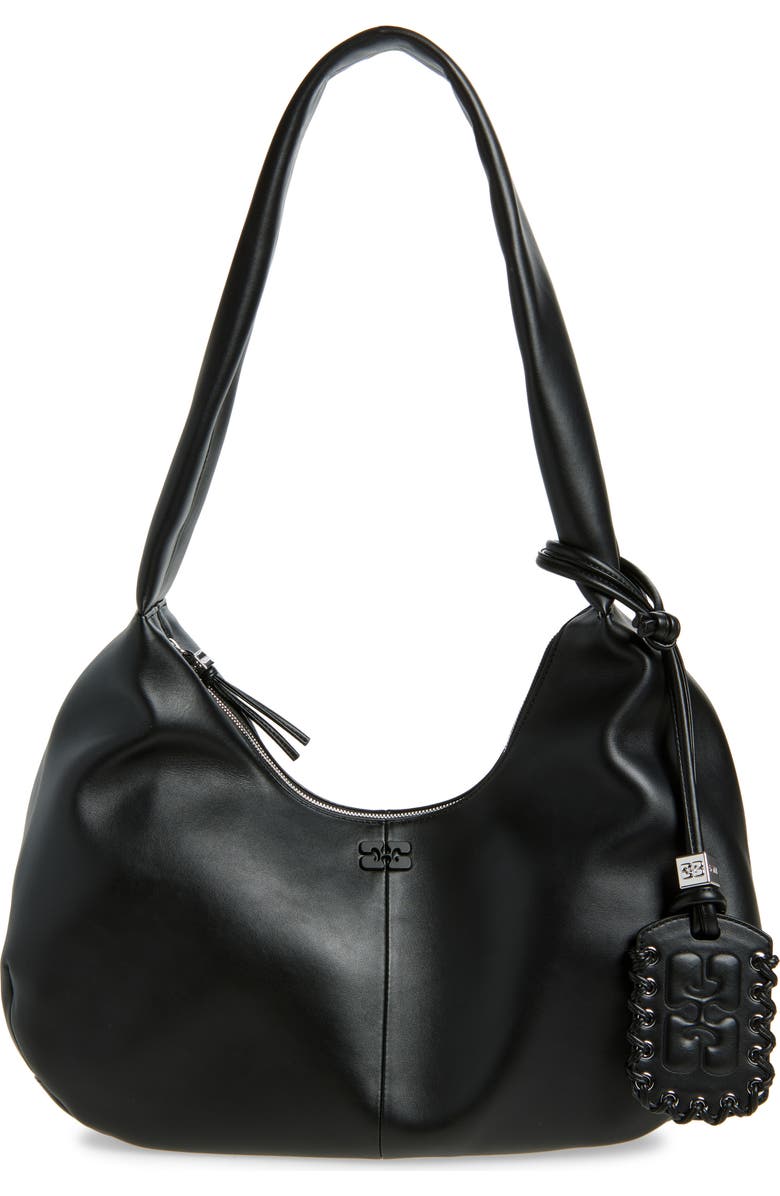 Ganni Medium Bou Leather Hobo Bag, Main, color, Black