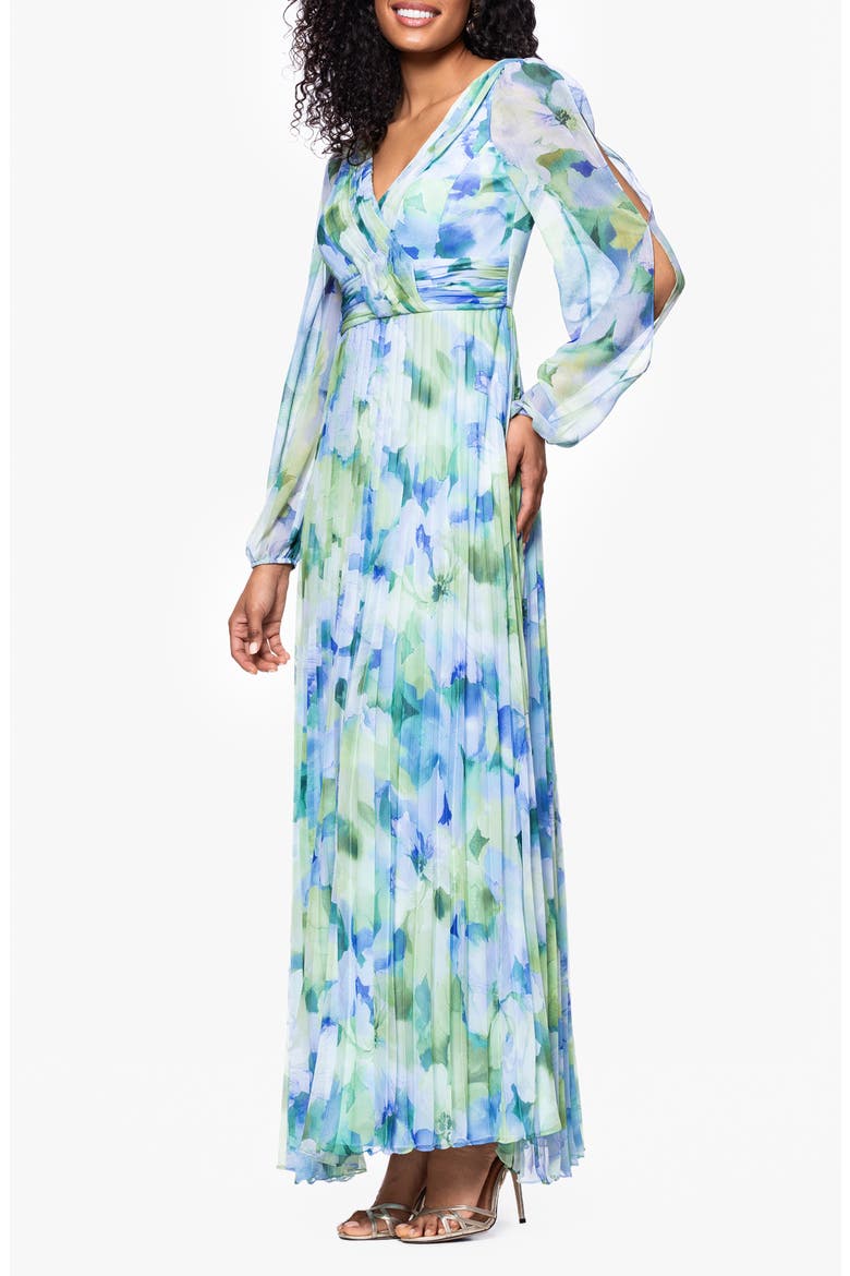 Floral Long Sleeve Pleated Gown, Alternate, color, BLUE/ MULTI