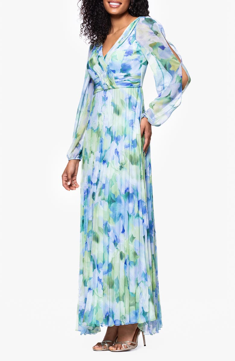 Betsy & Adam Floral Long Sleeve Pleated Gown, Alternate, color, Blue/ Multi