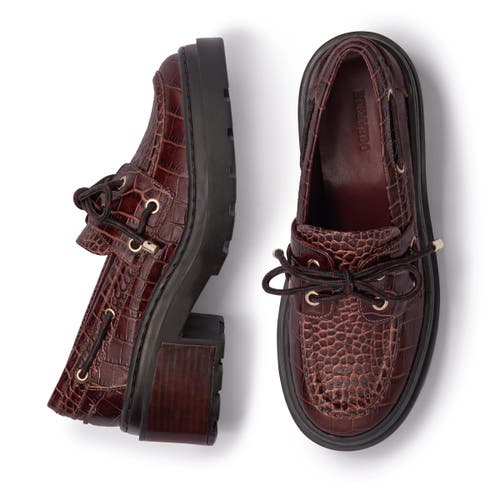 Bernardo Nico Croc-embossed Leather Lug-sole Boat Loafers In Burgundy
