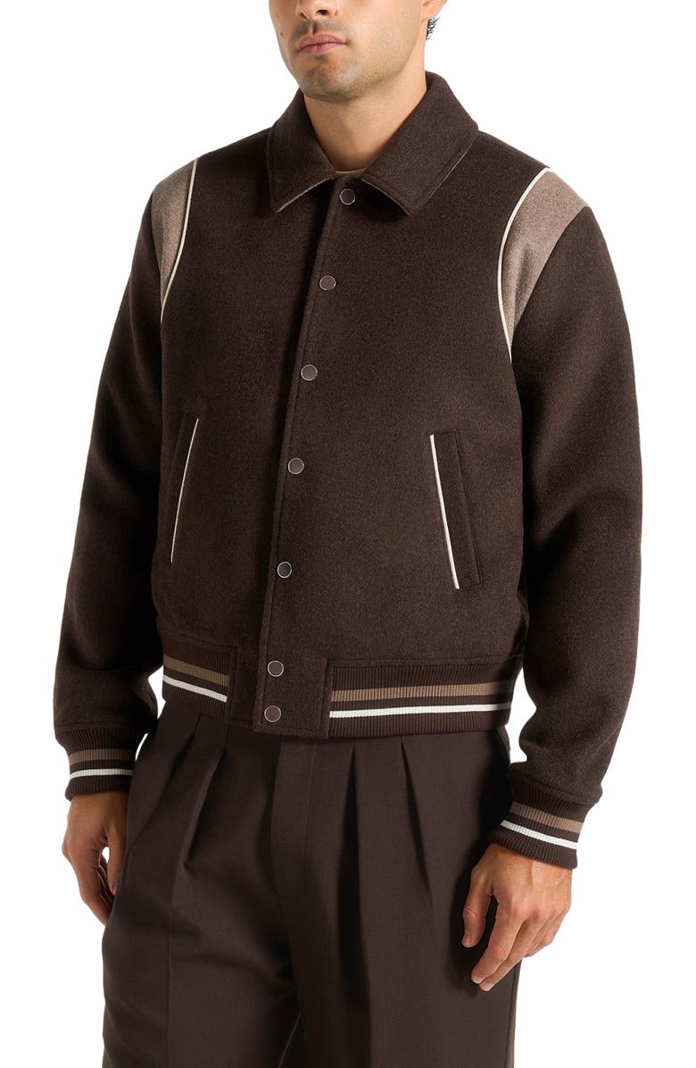 Manière De Voir Nico Contrast Wool Varsity Jacket, Alternate, color, Brown