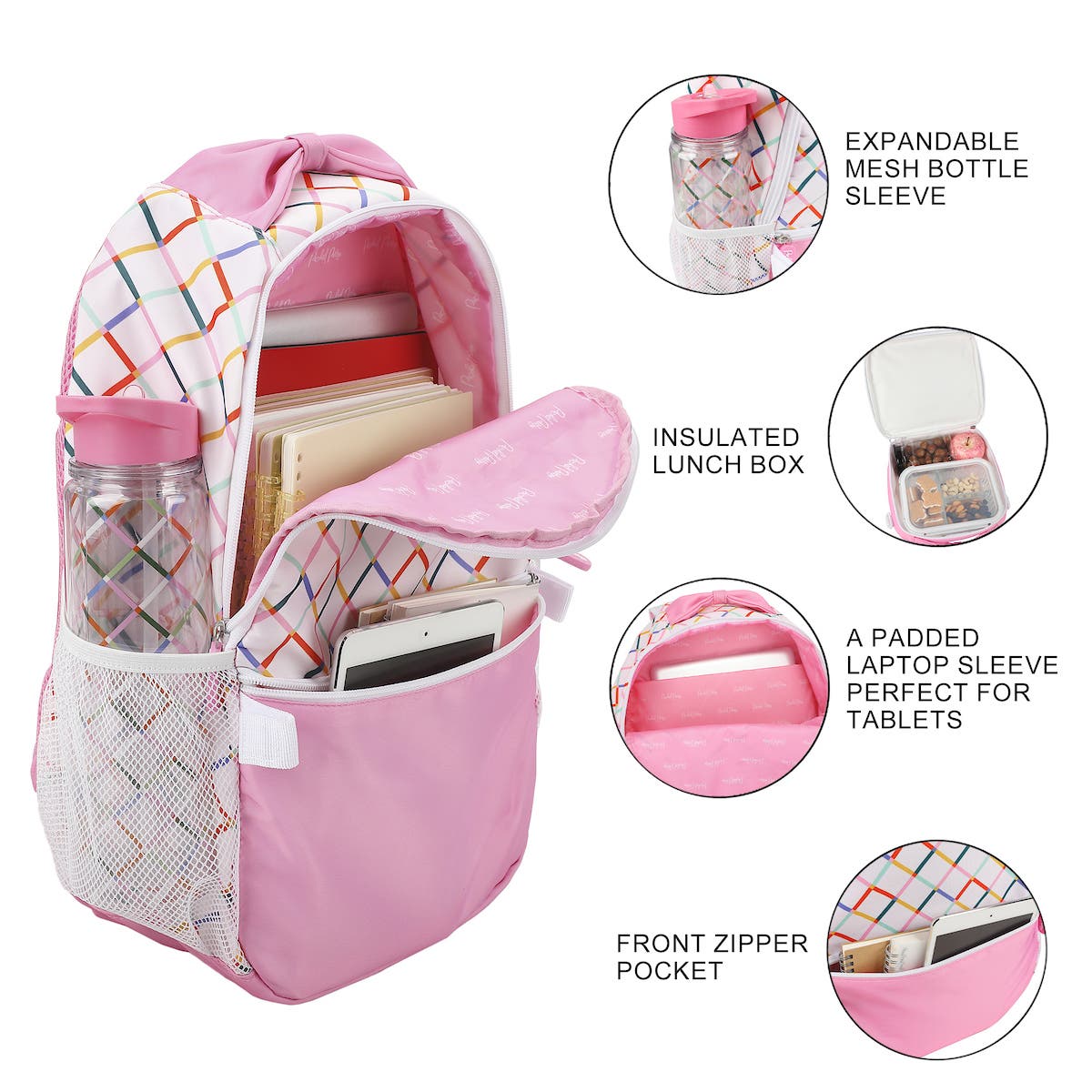 White and Pink with Rainbow Plaid 17" Backpack Set for Girls | Includes Matching Insulated Lunchbox and Water Bottle, Alternate, color, Packed Party Colorful