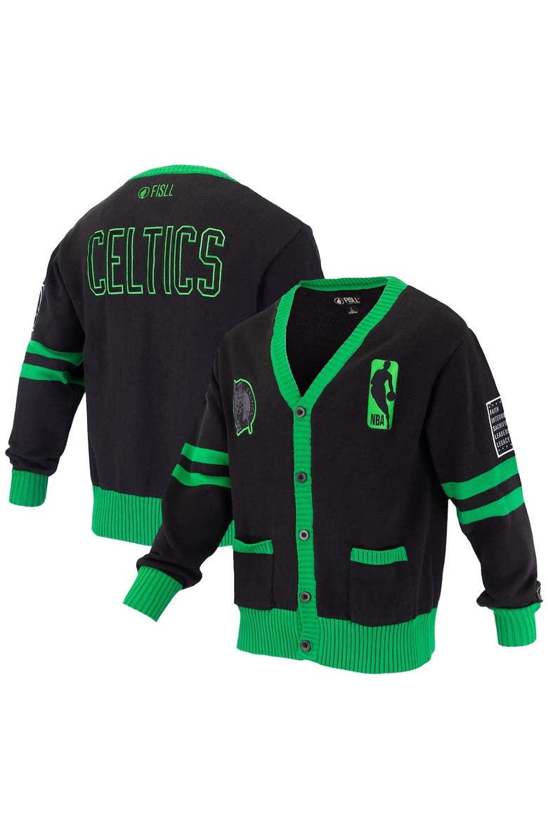 FISLL Unisex FISLL Black Boston Celtics Logoman Shadow Collection Full-Button Cardigan Sweater, Alternate, color, Black
