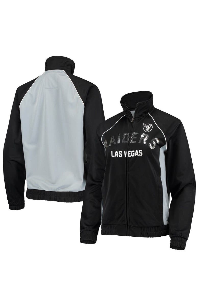 G-III 4HER BY CARL BANKS Women's G-III 4Her by Carl Banks Black/Silver Las Vegas Raiders Backfield Raglan Full-Zip Track Jacket, Main, color, 