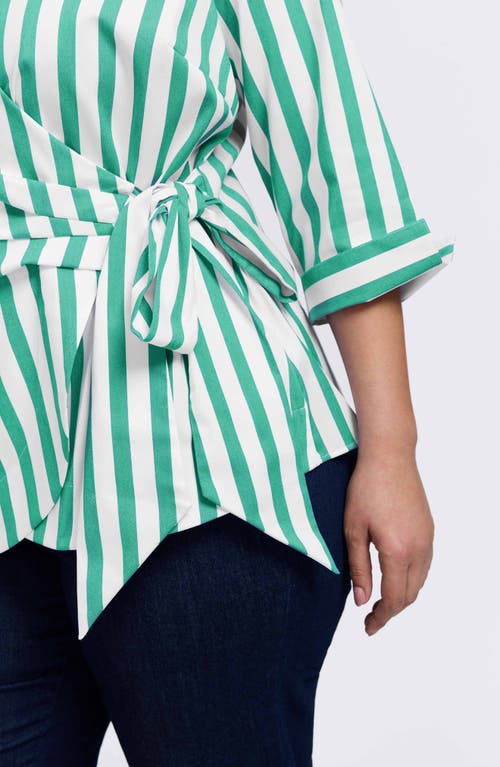 Foxcroft Salina Stripe Cotton Blend Wrap Shirt In Green