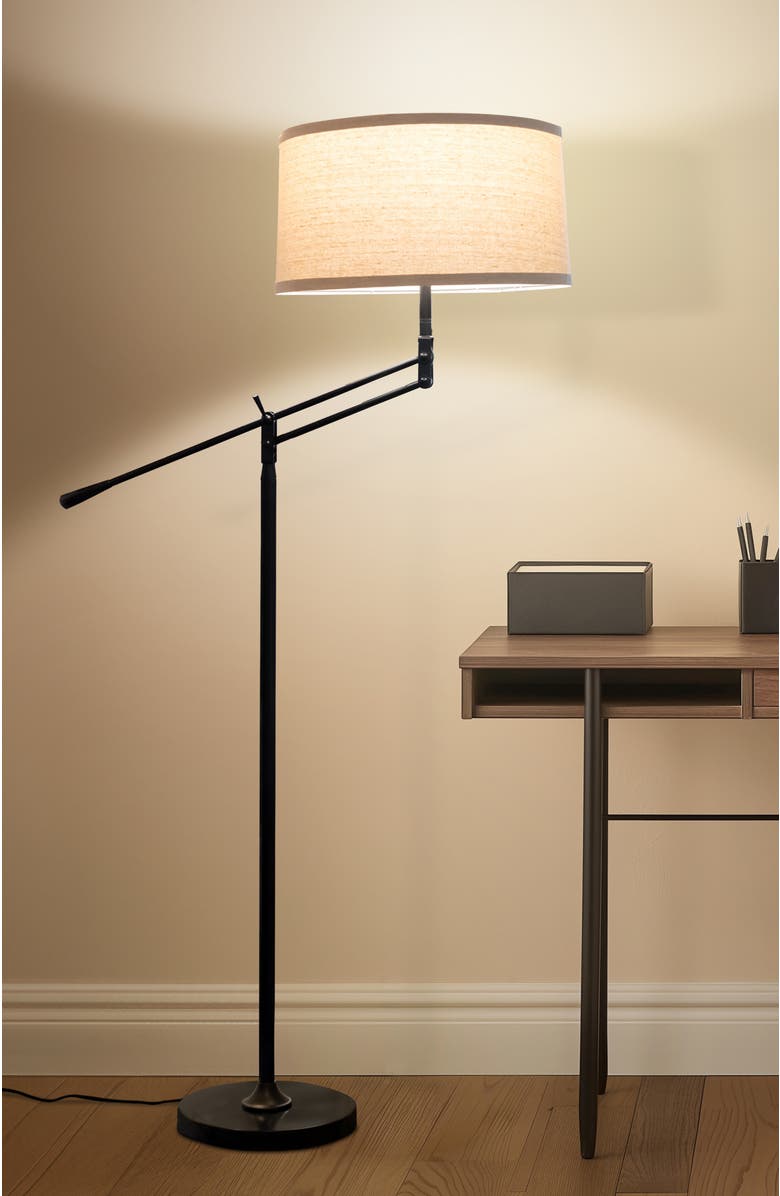 Brightech Ava 61' LED Mid-Century Modern Adjustable Floor Lamp with Fabric Drum Shade, Alternate, color, Classic Black