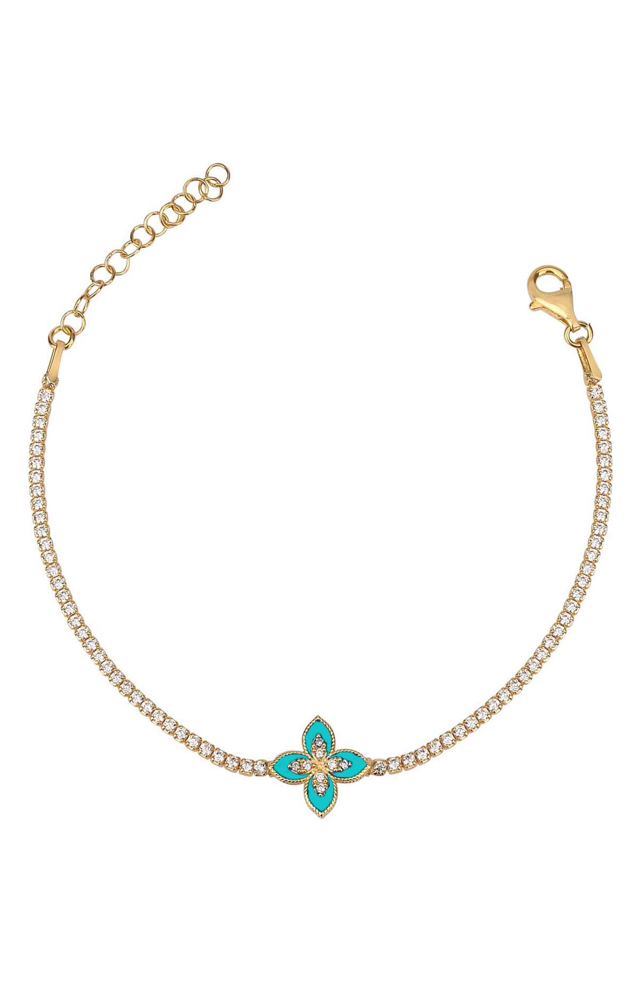 GABI RIELLE 14K Gold Plated Sterling Silver Turquoise Enamel Flower CZ Tennis Bracelet