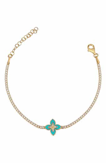 GABI RIELLE 14K Gold Plated Sterling Silver Turquoise Enamel Flower CZ Tennis Bracelet