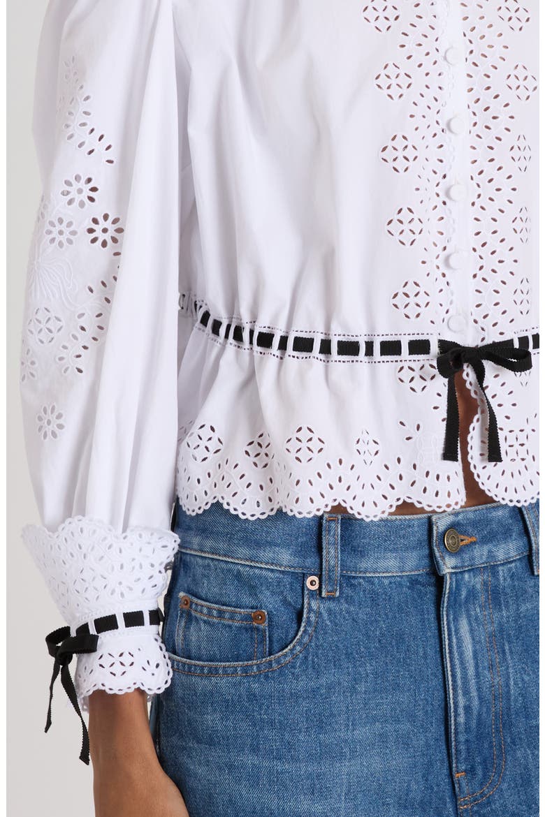 Eyelet Embroidered Button-Up Shirt, Alternate, color, WHITE/ BLACK