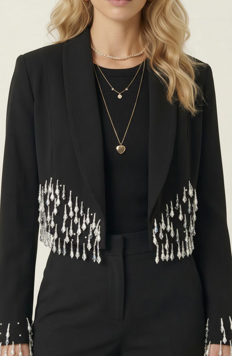 Modenaire Beaded Cropped Blazer with Shawl Collar, Main, color, Black