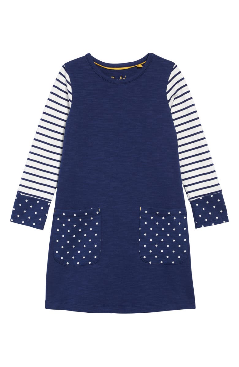 Mini Boden Fun Pocket Long Sleeve Jersey T-Shirt Dress, Main, color, 