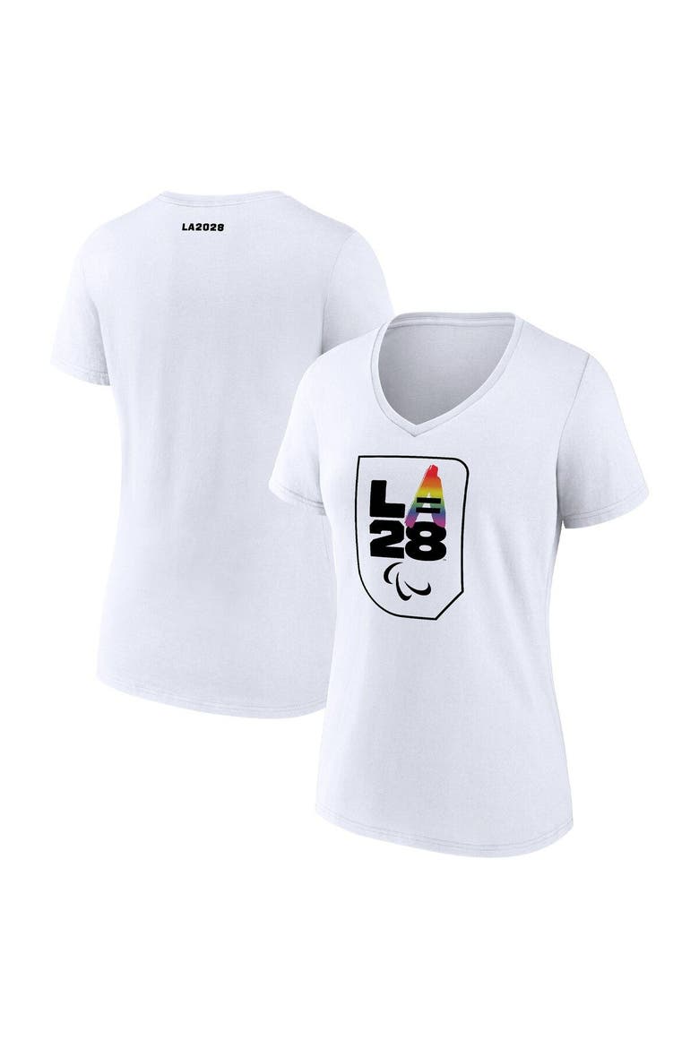 Women's White LA 2028 Summer Olympics Logo Pride V-Neck T-Shirt, Main, color, White