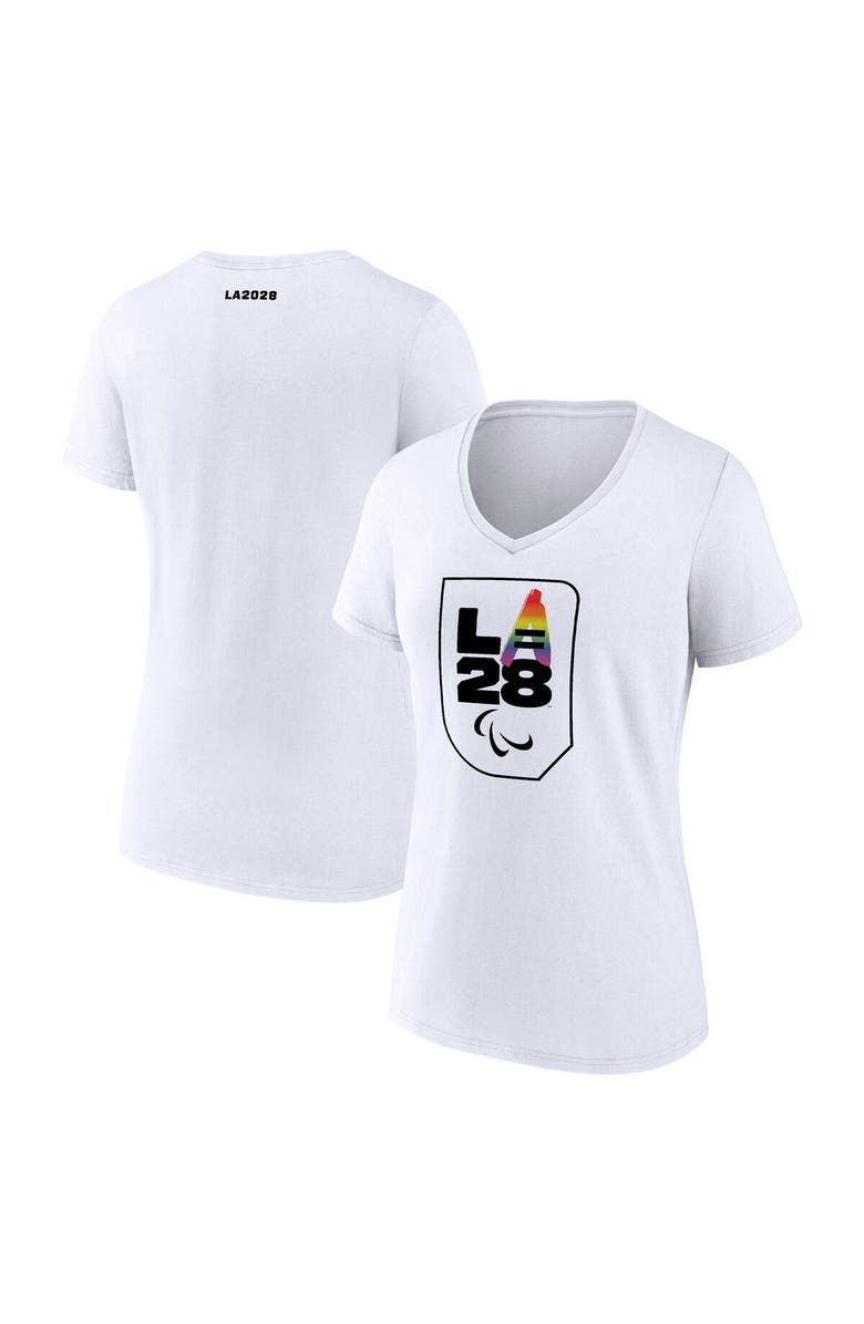 FANATICS Women's White LA 2028 Summer Olympics Logo Pride V-Neck T-Shirt, Main, color, White