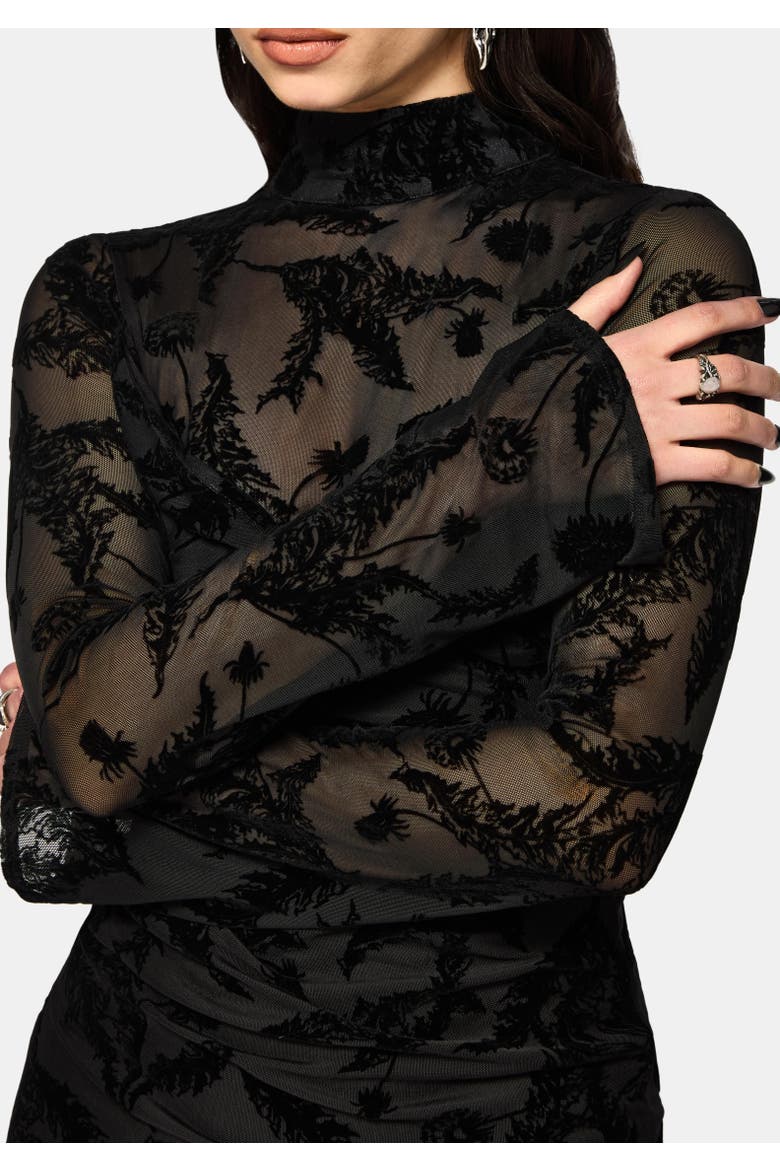 Cimora Dandelion Flocked Maxi Dress, Alternate, color, Black