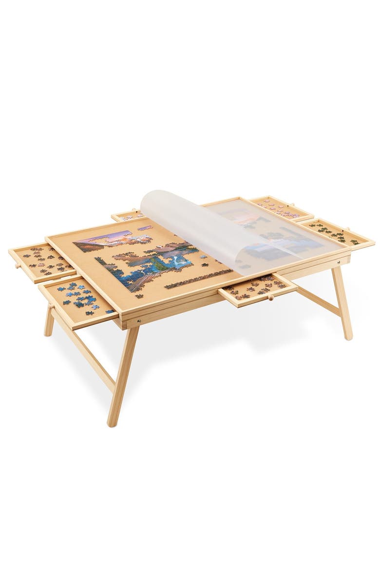 1500-Piece Wooden Puzzle Board with Drawers, Foldable Legs & Cover, Main, color, Beige