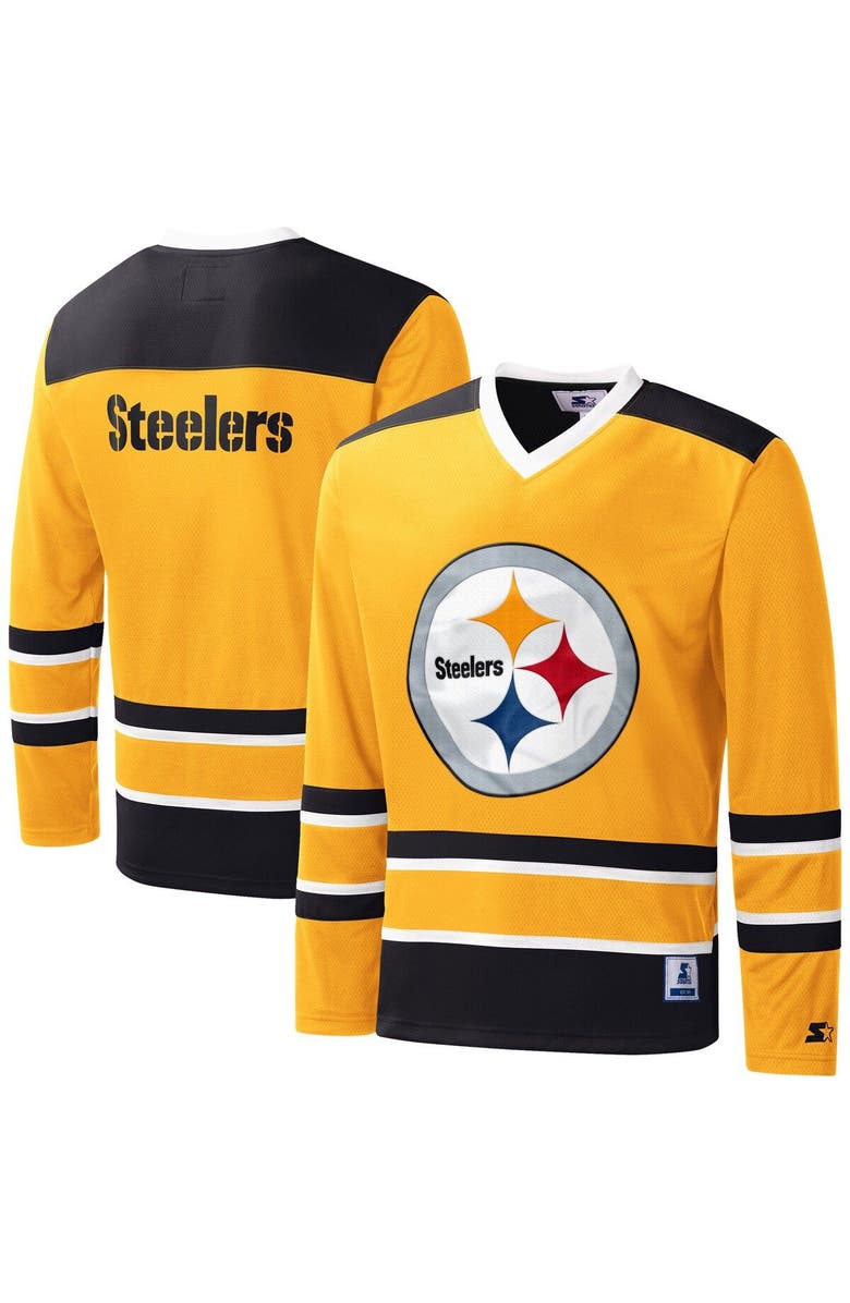 STARTER Men's Starter Gold Pittsburgh Steelers Cross-Check V-Neck Long Sleeve T-Shirt, Main, color, Gold