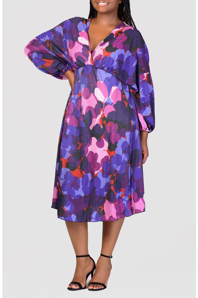 Print Long Sleeve Pleat Fit & Flare Dress, Alternate, color, PURPLE MULTI