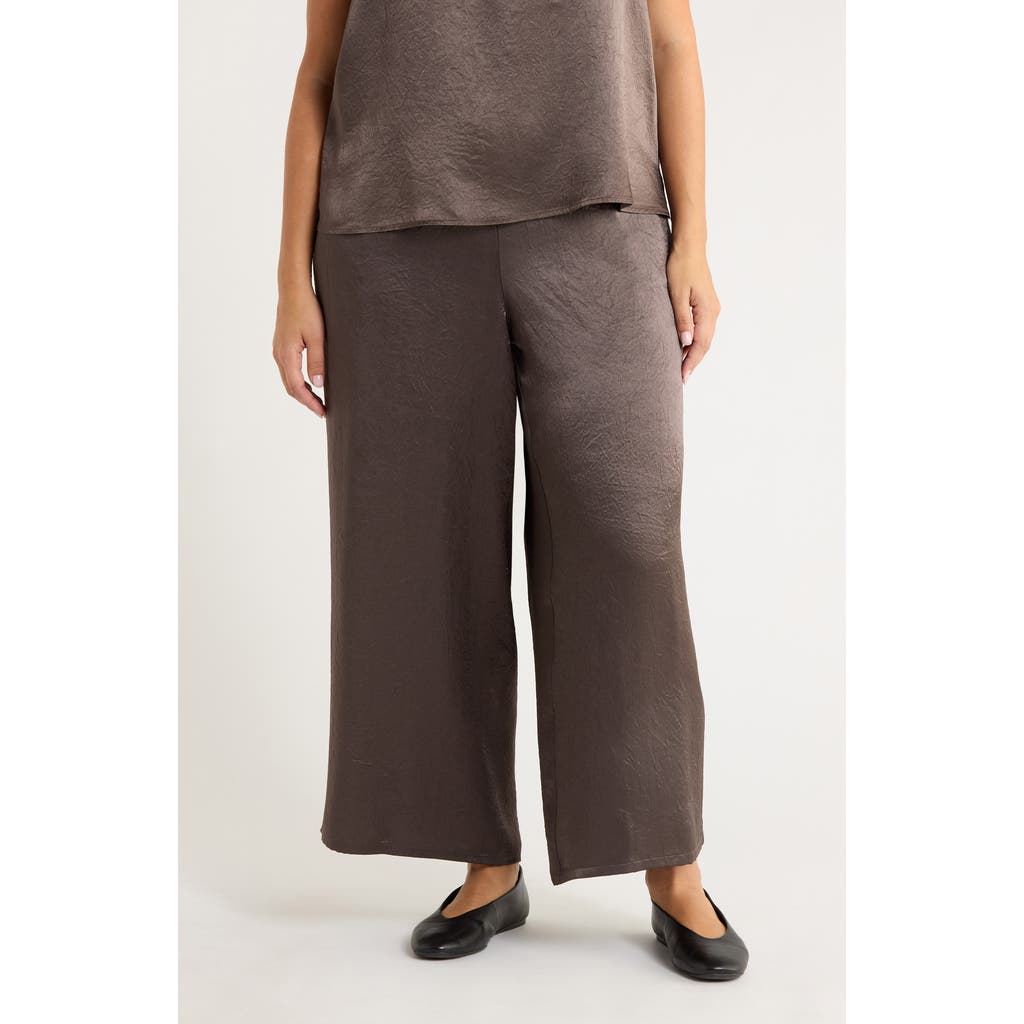 Eileen Fisher Crinkle Satin Wide Leg Ankle Pants In Brown
