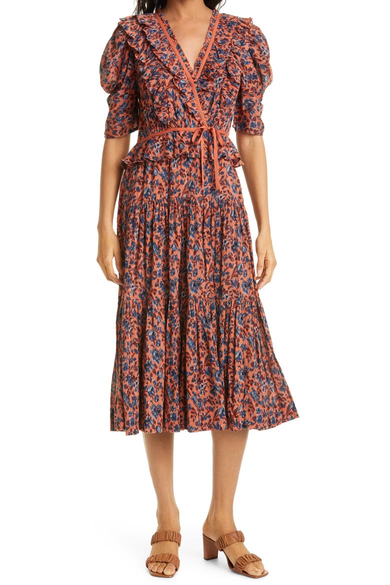 Lisette Floral Cotton Midi Dress, Main, color, ROSEWOOD