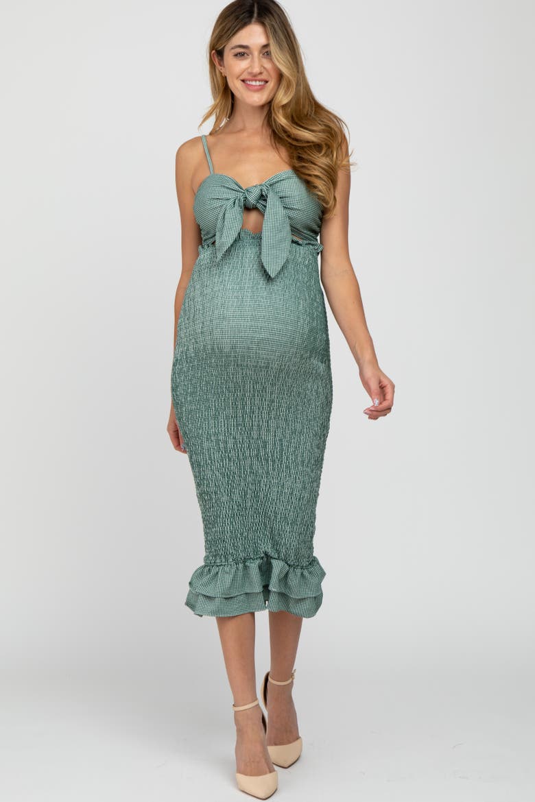 Gingham Print Smocked Fitted Self-Tie Midi Dress, Alternate, color, Green