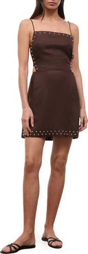 STAUD Angelique Stud Detail Open Back Linen Minidress