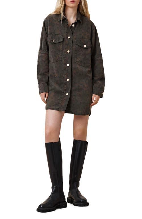 Allsaints Faye Long Sleeve Shacket Minidress In Styx Leopard Green