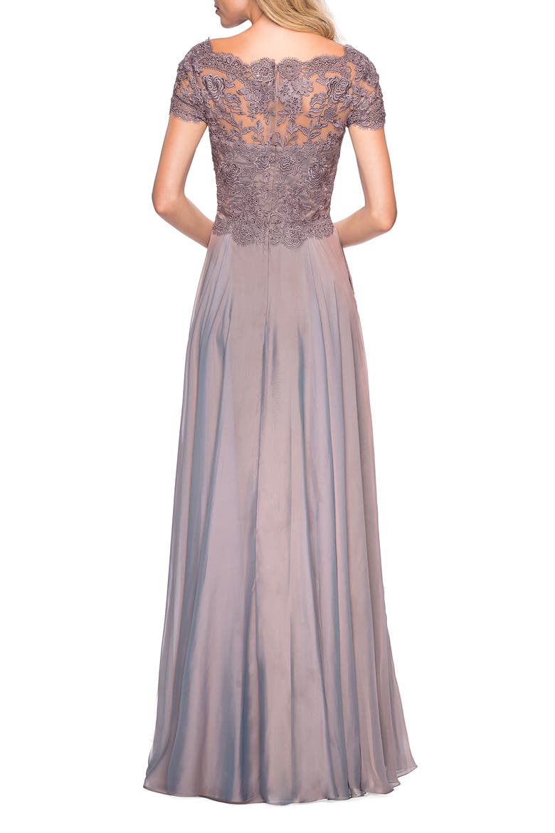 Long Chiffon Dress with Lace Bodice and Pockets, Alternate, color, Cocoa