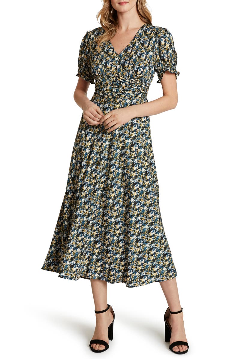 Tahari Floral Short Sleeve Crepe Georgette Midi Dress, Main, color,