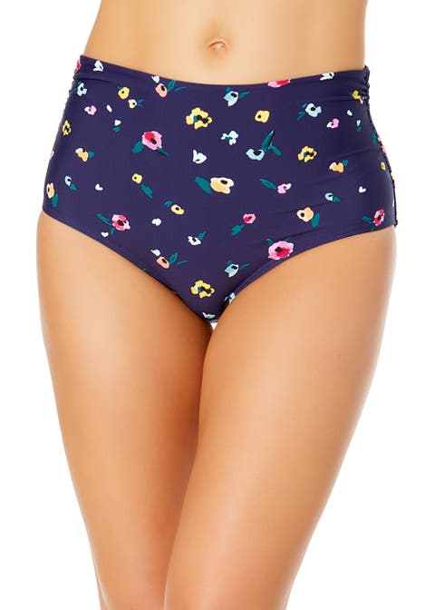 Women's Gradient Floral Fold Over High Waist Shirred Bikini Swim Bottoms