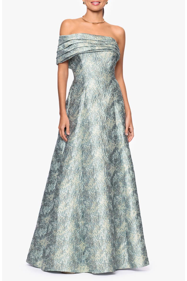 Floral Brocade Off the Shoulder Gown, Main, color, SAGE/ IVORY