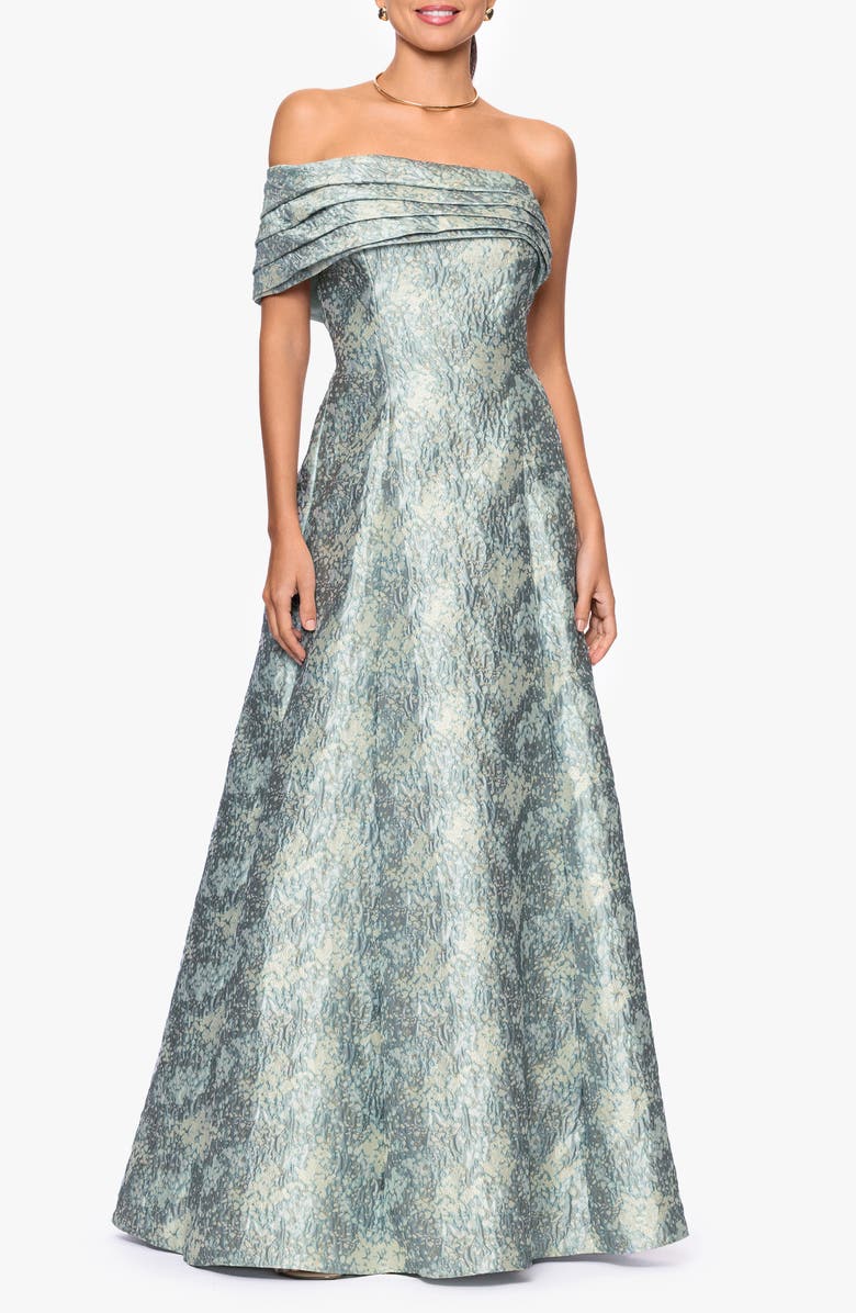 Betsy & Adam Floral Brocade Off the Shoulder Gown, Main, color, Sage/ Ivory