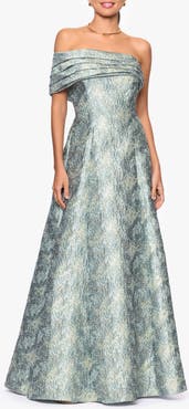 Betsy & Adam Floral Brocade Off the Shoulder Gown