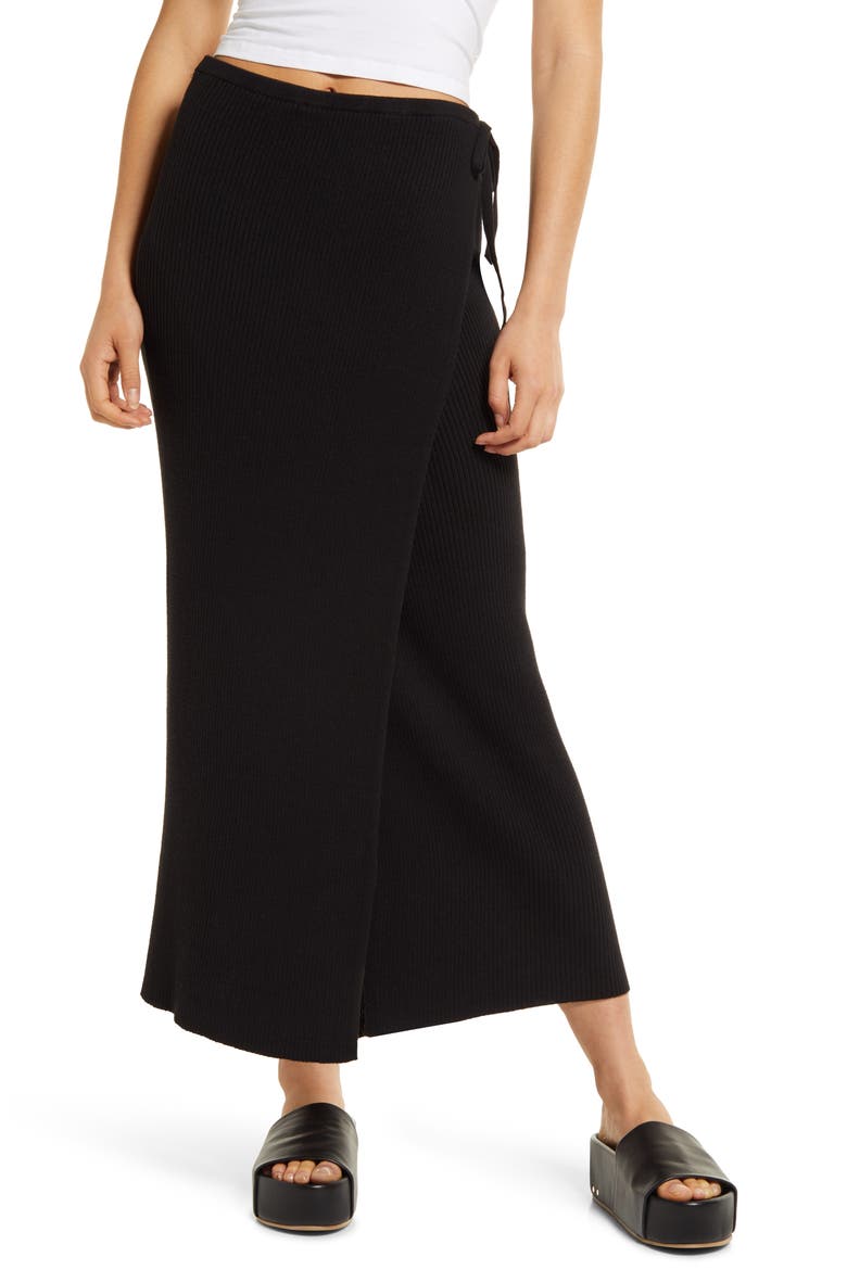 Borderline Knit Wrap Midi Skirt, Main, color, BLACK