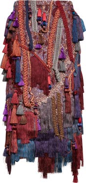 Dries Van Noten Sokna Tassel Trim Cloqué, Fringe & Tweed Midi Skirt