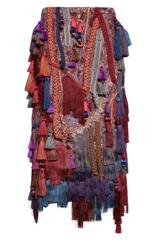 Dries Van Noten Sokna Tassel Trim Cloqué, Fringe & Tweed Midi Skirt In Burgundy
