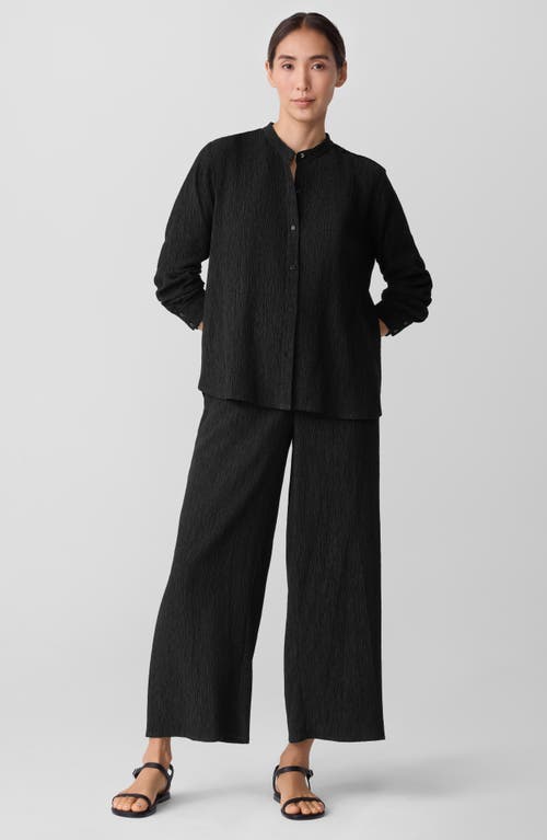 Eileen Fisher Crinkled Mandarin Collar Button-up Shirt In Black